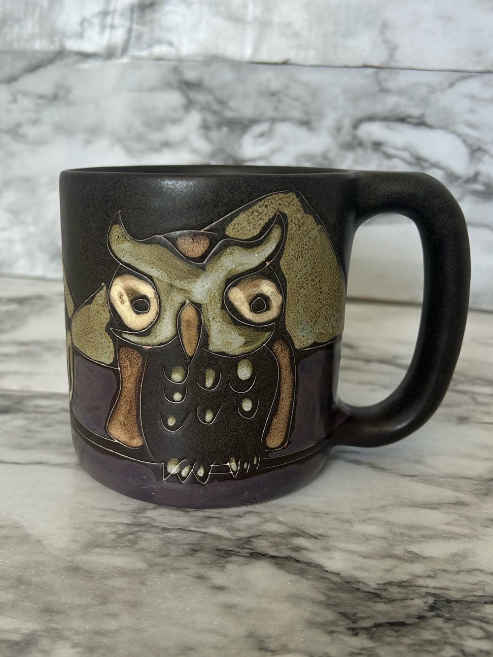 Mara Stoneware Mug 3 Night Owls Signed Hand Etched hand Painted made in Mexico